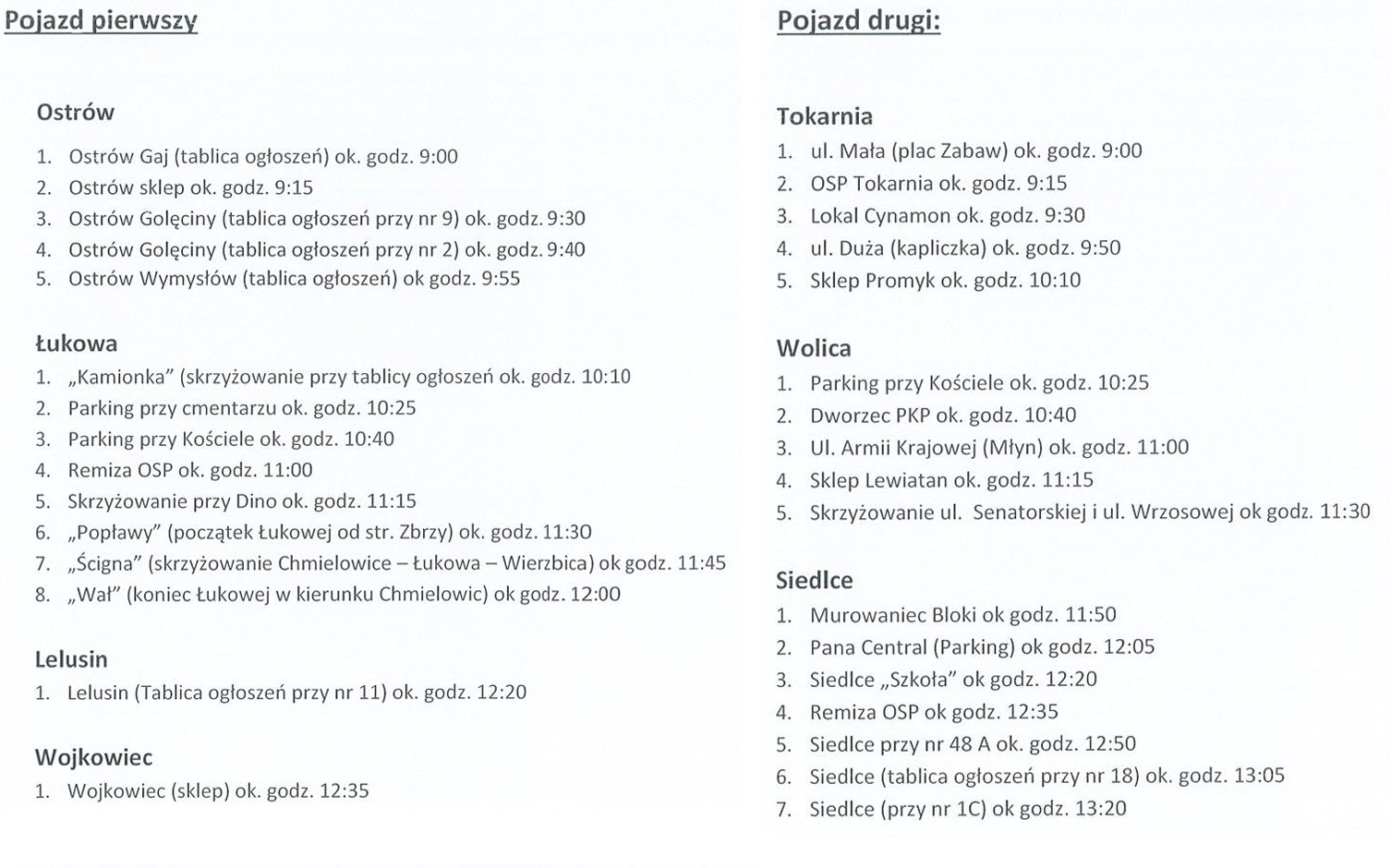 20 lipca harmonogram dowożenia