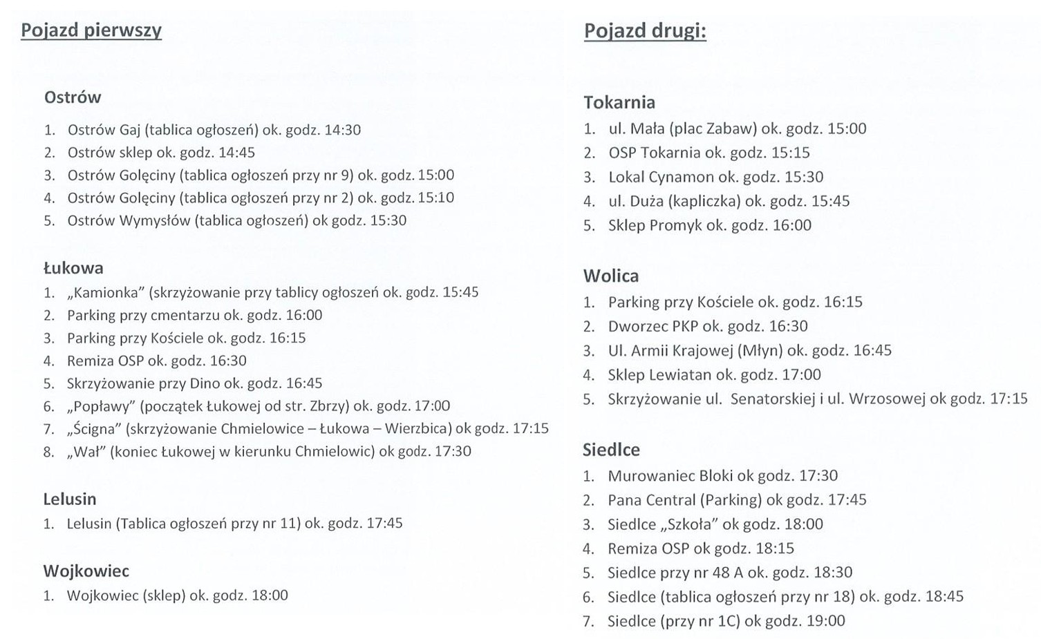 20 lipca popołudnie harmonogram dowożenia 2