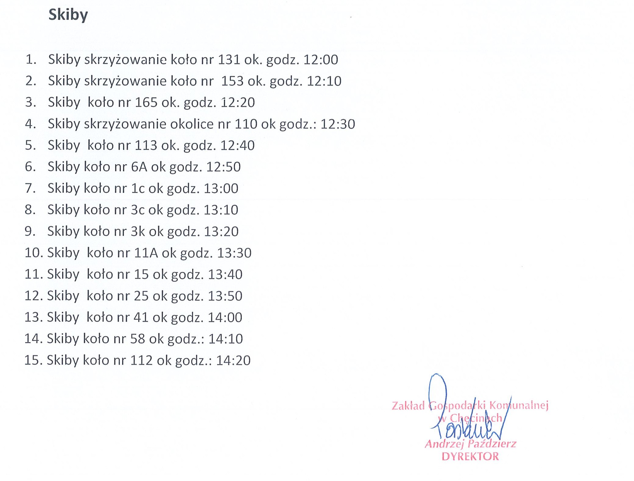 Harmonogram dowożenia Skiby 10 września