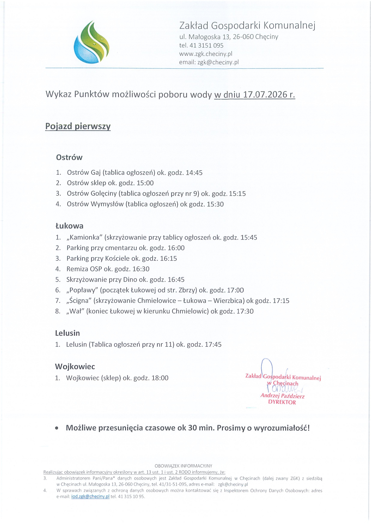 Harmonogram dowożenia pojazd 1