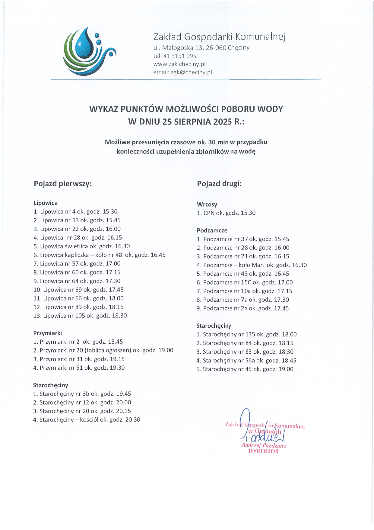 Harmonogram rozwożenia wody 25.08.2025